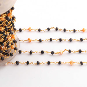 3 Feet Black Spinel with Pearl 3mm-4mm Faceted Rosary Beaded chain- 24 K Gold Plated Wire Wrapped Chain NSC0010 - Tucson Beads