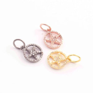 1 PC Pave Diamond Round With Star Charm 925 Sterling Silver, Yellow & Rose Gold Vermeil - Pave Diamond Pendant - 11mmx14mm PDC00341 - Tucson Beads