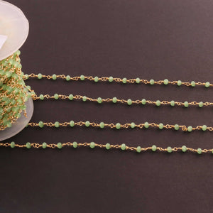 3 Feet Green Chalcedony Glass Beads 3mm Faceted Rosary Beaded chain- 24 K Gold Plated Wire Wrapped Chain NSC0014 - Tucson Beads
