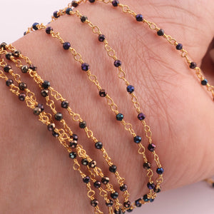 3 Feet Black Spinel Blue Coated   Beads  2 mm Faceted Rosary Beaded chain- 24 K Gold Plated Wire Wrapped Chain NSC0022 - Tucson Beads