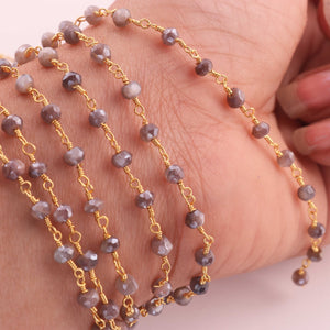 3 Feet Chocolate Moonstone Silver Coted   Glass Beads  4mm Faceted Rosary Beaded chain- 24 K Gold Plated Wire Wrapped Chain NSC0020 - Tucson Beads