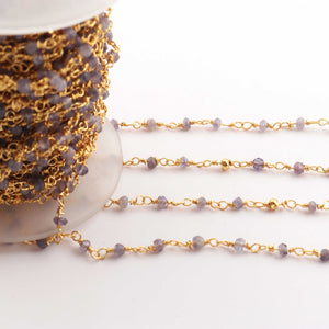 3 Feet Iolite With Gold Pyrite  Glass Beads  3 mm Faceted Rosary Beaded chain- 24 K Gold Plated Wire Wrapped Chain NSC0021 - Tucson Beads