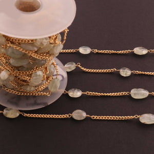 2 Feet Prehnite Oval Shape Connector Chain -  24k Gold Plated Bezel Continuous Connector Beaded Chain 12mmx6mm NSC0037 - Tucson Beads