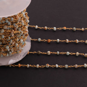 3 Feet Larimar Rosary Style Beaded  Chain- 3mm  Larimar   Beads 24 K Gold Plated Wire Wrapped Chain NSC0040 - Tucson Beads