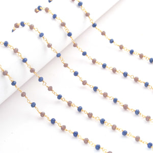 5 Feet Grey & Blue Glass Beads 3mm 24k Gold Plated Rosary Beaded Chain- Grey & Blue Glass Beads Beaded Chain- BD008 - Tucson Beads