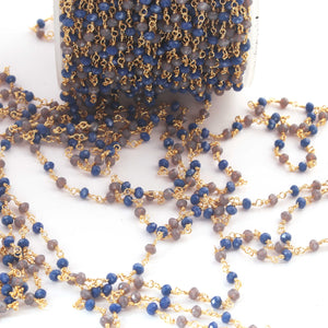 5 Feet Grey & Blue Glass Beads 3mm 24k Gold Plated Rosary Beaded Chain- Grey & Blue Glass Beads Beaded Chain- BD008 - Tucson Beads