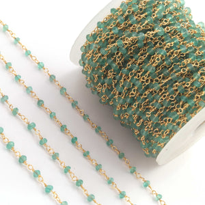 5 Feet Green Onyx Rosary Style Beaded Chain - Green Onyx Beads Wire Wrapped 24k Gold Plated Chain BDG064 - Tucson Beads