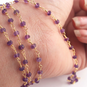 5 Feet Amethyst 3mm 24k Gold Plated Rosary Beaded Chain- Amethyst Beaded Chain- BD021 - Tucson Beads