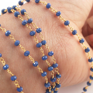 5 Feet Blue Glass Beads 3mm 24k Gold Plated Rosary Beaded Chain-  Blue Glass Beads Beaded Chain- BD009 - Tucson Beads