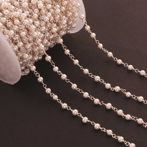5 Feet Glass Pearl 3mm 925 Silver Plated Rosary Beaded Chain-  Pearl Beaded Chain- BD019 - Tucson Beads