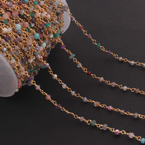 5 Feet Mix Stone 3mm 24k Gold Plated Rosary Beaded Chain- Mix Stone Beaded Chain- BD002 - Tucson Beads