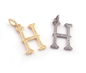 1 PC Pave Diamond Letter " H " Shape Pendant Over 925 Sterling Silver & Yellow Gold -  22mmx13mm-8mmx5mm RRPD009 - Tucson Beads