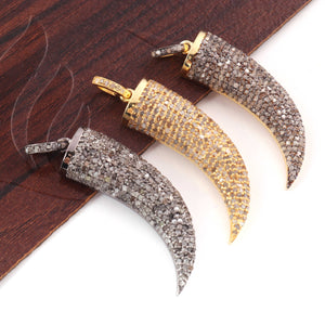 1 Pc Pave Diamond Horn 925 Sterling Silver, Vermeil & Yellow Gold Vermeil Pendant - Diamond Pendant 37mmx12mm PD253 - Tucson Beads