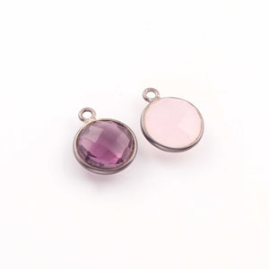 6 Pcs Amethyst & Rose Quartz  Oxidized Sterling Silver Faceted Round Single Bail Pendant - 11mmx14mm SS420 - Tucson Beads