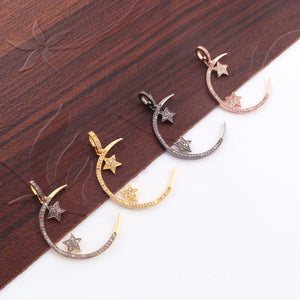 1 Pc Natural Pave Diamond Crescent Moon & Star Charm Pendant 925 Sterling Silver, Rose & Yellow Gold Vermei31mmX2mm Pdc800 - Tucson Beads