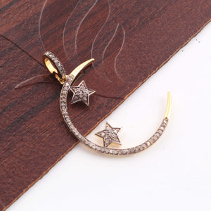 1 Pc Natural Pave Diamond Crescent Moon & Star Charm Pendant 925 Sterling Silver, Rose & Yellow Gold Vermei31mmX2mm Pdc800 - Tucson Beads