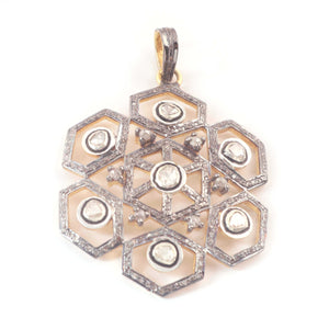 1 Pc Pave Diamond With Rose Cut Diamond Hexagon Pendant -925 Sterling Vermeil - Polki Pendant 44mmx39mm PD015 - Tucson Beads