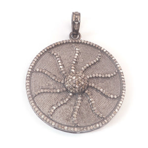 1 PC Pave Diamond Textured Sun Charm Pendant Over 925 Sterling Silver - Round Pendant 38mmX34mm PD437 - Tucson Beads