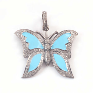 1 Pc Pave Diamond Turquoise - Turquoise Butterfly Pendant - 925 Sterling Silver - 30mmx26mm PD049 - Tucson Beads