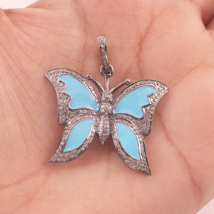 1 Pc Pave Diamond Turquoise - Turquoise Butterfly Pendant - 925 Sterling Silver - 30mmx26mm PD049 - Tucson Beads