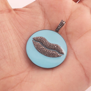 1 Pc Pave Diamond Sky Blue Bakelite Lips With Round Shape Pendant 925 Sterling Silver - Lips Pendant 33mmx29mm PD336 - Tucson Beads