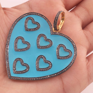 1 Pc Pave Diamond Pendant,  Turquois Yellow Gold , Bakelite Heart Charm, Enamel Heart Pendant  50mmx49mm PD325 - Tucson Beads