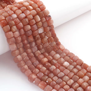 1 Strand Peach Moonstone Faceted Cube Briolettes - Box Shape Beads - 6mm-7mm - 10 Inches BR03168 - Tucson Beads
