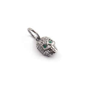 1 Pc Antique Finish Pave Diamond Skull Charm With Stone 925 Sterling Silver Pendant - 12mmx8mm Pdc00047 - Tucson Beads