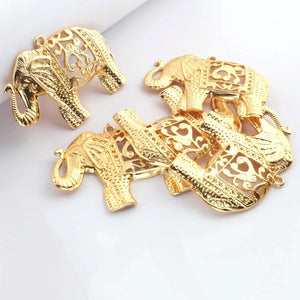 5 Pcs Designer 24k Gold Plated Elephant Charm  ,Copper Elephant Design Pendant , Filigree Elephant Jewelry Making 66mmx48mm GPC1492 - Tucson Beads