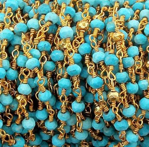 5 Feet Turquoise & Gold Pyrite 3mm Rosary Style Beaded Chain - Beads 24k Gold Plated Wire Wrapped Chain BDG025 - Tucson Beads