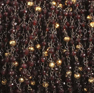 5 Feet Garnet  and Gold Pyrite Black Wire  Wrapped Beaded Chain - Garnet Beads in Black wire wrapped chain Bdb034 - Tucson Beads