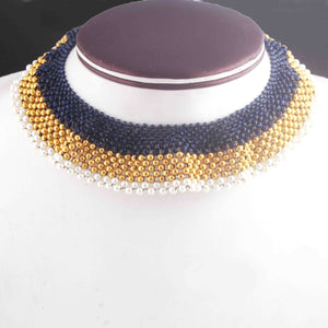 Blue Hydro With Pearl & Gold Pyrite Beaded Necklace AAA Quality Gemstone Necklace Blue  Mat Necklace -3mm-4mm- 8 Inches - SPB0130 - Tucson Beads