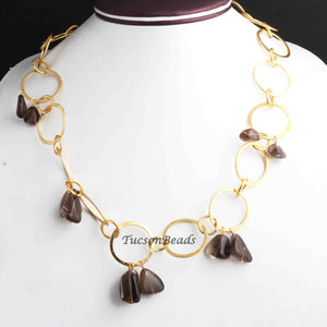 1 Necklace 24 K Gold Plated with Smoky Quartz Gemstone Copper Link Chain, Round Ring Chain, Cable Link Chain, Jewelry Making 12mm-26mm 24 Inches, GPC1207 - Tucson Beads