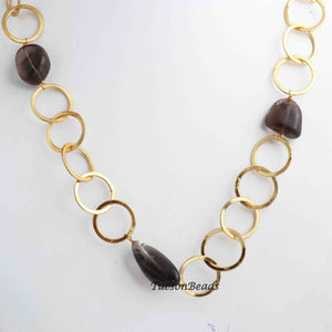 1 Necklace 24 K Gold Plated with Smoky Quartz Gemstone Copper Link Chain, Round Ring Chain, Cable Link Chain, Jewelry Making 14mm-38mm 25 Inches, GPC1210 - Tucson Beads