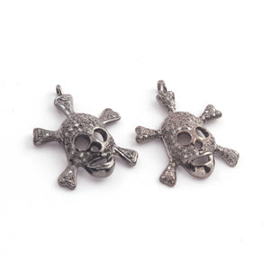 1 Pc Natural Pave Diamond Skull 925 Sterling Silver Charm Pendant - 25mmx21mm PDC698 - Tucson Beads