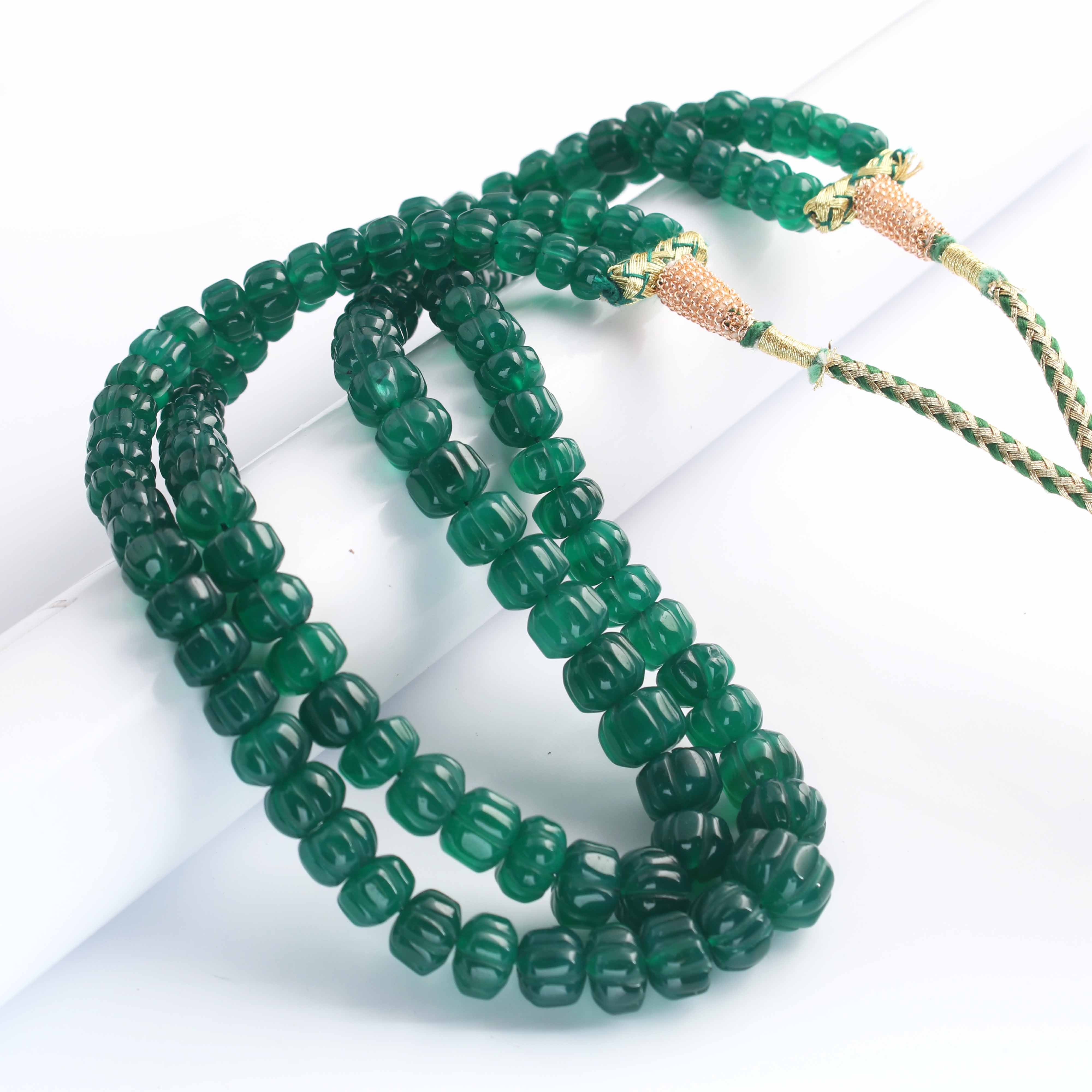 505 Carats 2 Strands Genuine Green Onyx Carved Watermelon