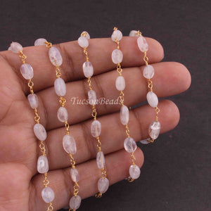 5 Feet White Rainbow Moonstone Smooth Oval Rosary Style 24K Gold plated Beaded Chain-6mmx5mm- Gold wire Chain SC388 - Tucson Beads