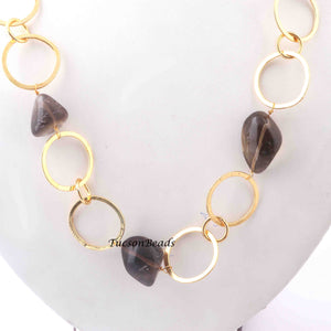 1 Necklace 24 K Gold Plated with Smoky Quartz Gemstone Copper Link Chain, Round Ring Chain, -19mmx18mm-26mmx16mm-  26 Inches, GPC1227 - Tucson Beads