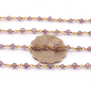 1 Feet Pink Amethyst  Beads Rosary Style Beaded Chain - Pink Amethyst Beads Wire Wrapped 925 Sterling Vermeil - 4mm-5mm SRC081 - Tucson Beads