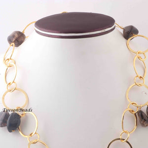 1 Necklace 24 K Gold Plated with Smoky Quartz Gemstone Copper Link Chain, Round Ring Chain, -17mmx13mm-26mmx16mm-  22 Inches, GPC1228 - Tucson Beads