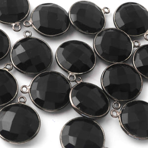 16 Pcs Black Onyx Oxidized Sterling Silver Gemstone Faceted Round Shape Single Bail Pendant -18mmx15mm SS769 - Tucson Beads
