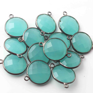 13 Pcs Blue Aqua Chalcedony Gemstone Faceted Oxidized Sterling Silver Round Shape Double Bail Connector -21mmx15mm  SS471 - Tucson Beads