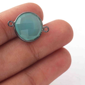13 Pcs Blue Aqua Chalcedony Gemstone Faceted Oxidized Sterling Silver Round Shape Double Bail Connector -21mmx15mm  SS471 - Tucson Beads
