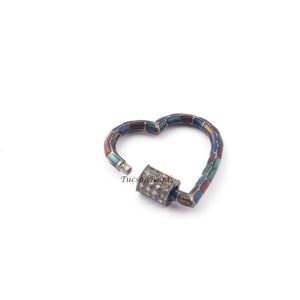 1 Pc Pave Diamond Heart Shape Multi Color Enamel Carabiner- 925 Sterling Silver- Diamond Lock with Screw On Mechanism 24mmx21mm CB024 - Tucson Beads