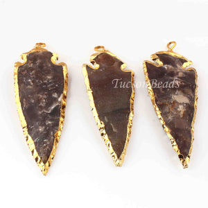 3 Pcs Shaded Brown Jasper Arrowhead  24k Gold  Plated Charm Pendant -  Electroplated With Gold Edge 81mmx35mm-88mmx34mm AR197 - Tucson Beads