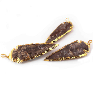 3 Pcs Shaded Brown Jasper Arrowhead  24k Gold Plated Charm Pendant -  Electroplated With Gold Edge 83mmx32mm-80mmx26mm AR202 - Tucson Beads