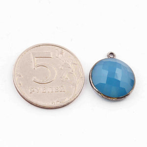 5Pcs Blue Chalcedony  Faceted Oxidized Sterling Silver Round Shape Pendant  Single Bali  19mmx16mm & 20mmx16mm SS1035 - Tucson Beads
