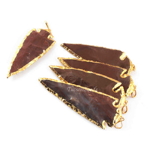 5 Pcs Brown Jasper Arrowhead  24k Gold  Plated Charm Pendant -  Electroplated With Gold Edge 91mmx31mm-84mmx27mm - AR245 - Tucson Beads