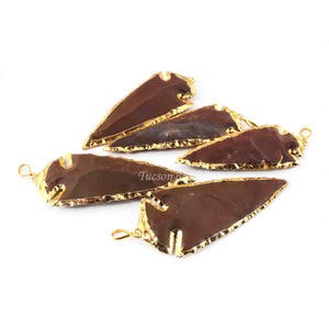 5 Pcs Brown Jasper Arrowhead  24k Gold  Plated Charm Pendant -  Electroplated With Gold Edge 91mmx31mm-84mmx27mm - AR245 - Tucson Beads