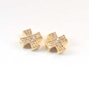1 Pc Pave Diamond Cross Antique Finish Designer Beads 925 Sterling Silver & Yellow Gold Vermeil - Plus Sign Bead 11mm PDC1105 - Tucson Beads